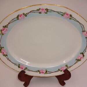 Vintage Oval J&C Bavaria Handpainted Platter White Blue Pink Roses Flowers 13"